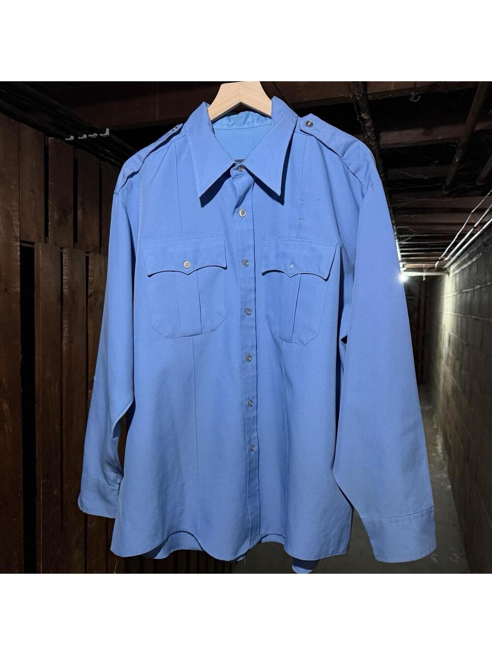 Vintage 70s 80s Blue Uniform Work Shirt XL Epaulettes Mechanics Workwear